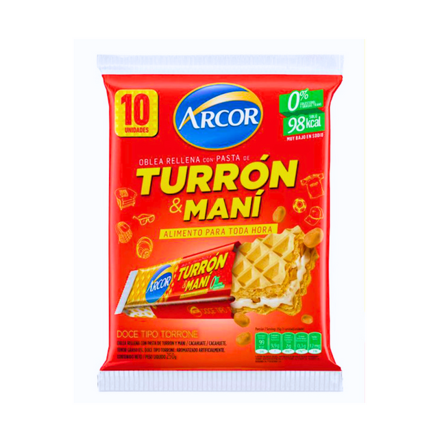 Pack de 10 barras Arcor Turrón & Maní con galleta y crema de maní, 25 g cada una