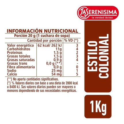 La Serenísima Colonial Dulce de Leche Traditional Recipe Without TACC, 1 Kg / 2.2 lb