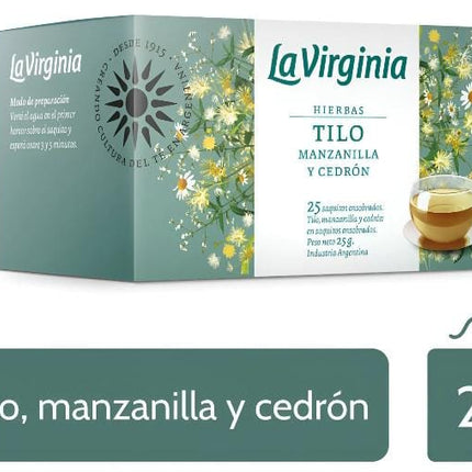 Te La Virginia de Hierbas, Tilo, Manzanilla y Cedron. Caja 25 saquitos individuales. 25g