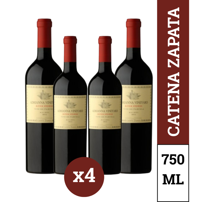 Adrianna Vineyard River Stones Malbec Pack x4 botellas 750 ml – vino tinto ícono argentino de Mendoza con notas de frutos rojos, violetas, especias y mineralidad.