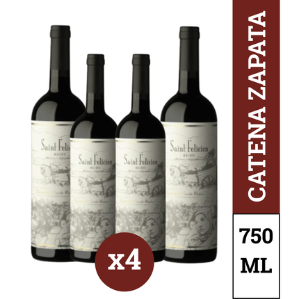 Pack x4 Saint Felicien Vino Malbec 750 ml – vino argentino premium de Mendoza con notas de frutas rojas, especias y final elegante