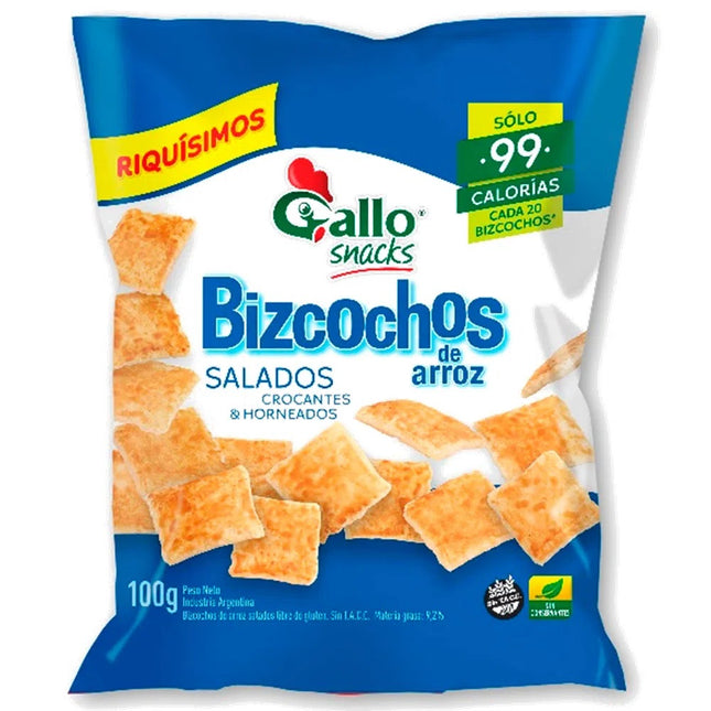Bizcochos de Arroz Salados Sin TACC Gallo, 100 g / 3,52 oz, pack x 6 unidades